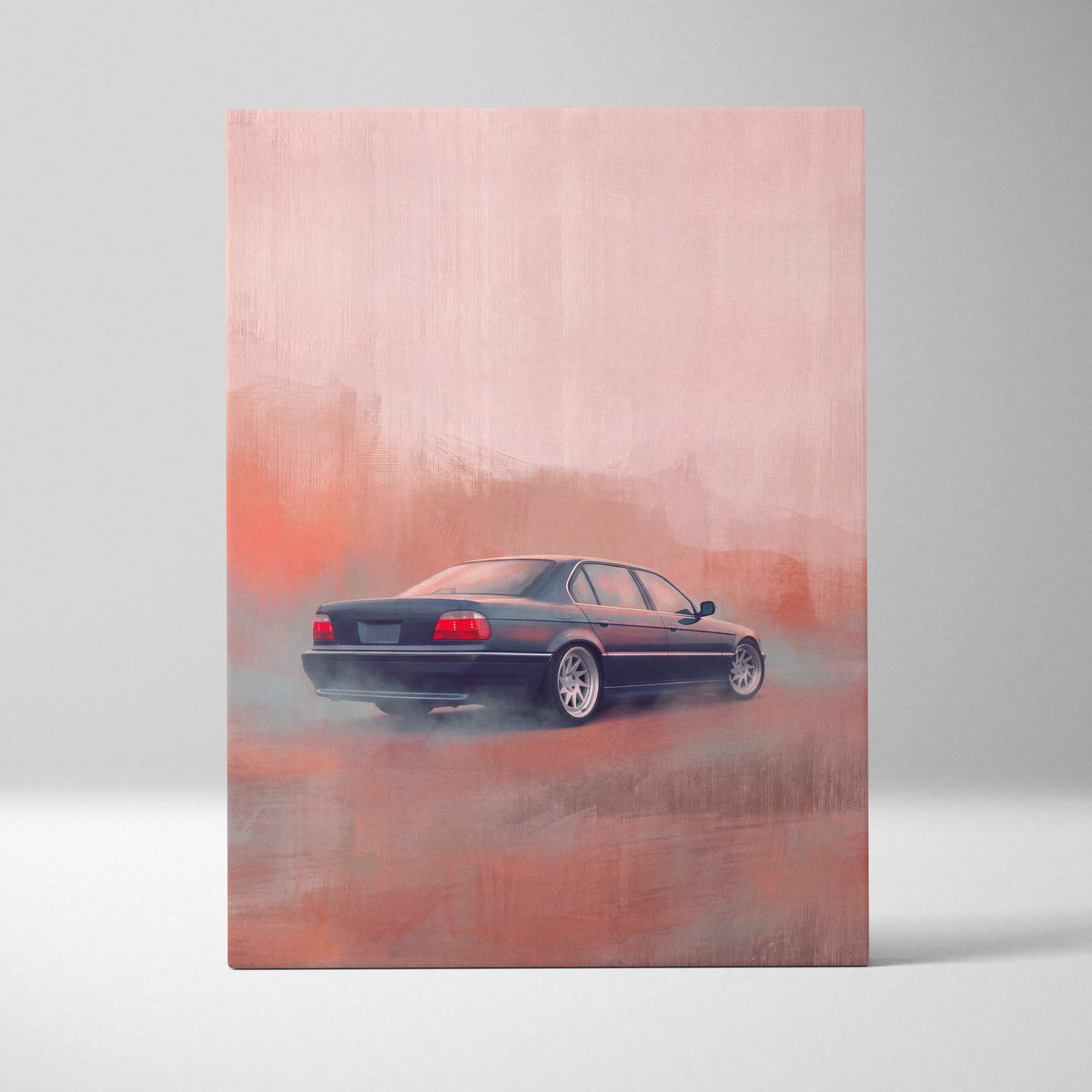 Black bmw 7 series sedan in stylized smoky orange and pink hues on canvas wall art for office decor