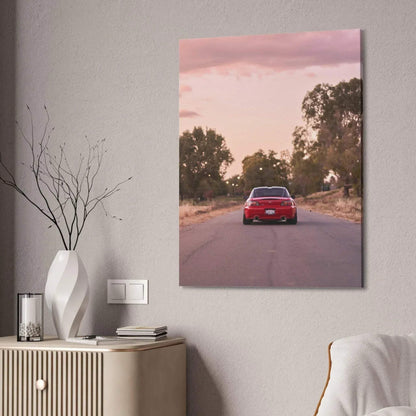 Red Honda S2000 on road at sunset canvas wall art in vertical format.