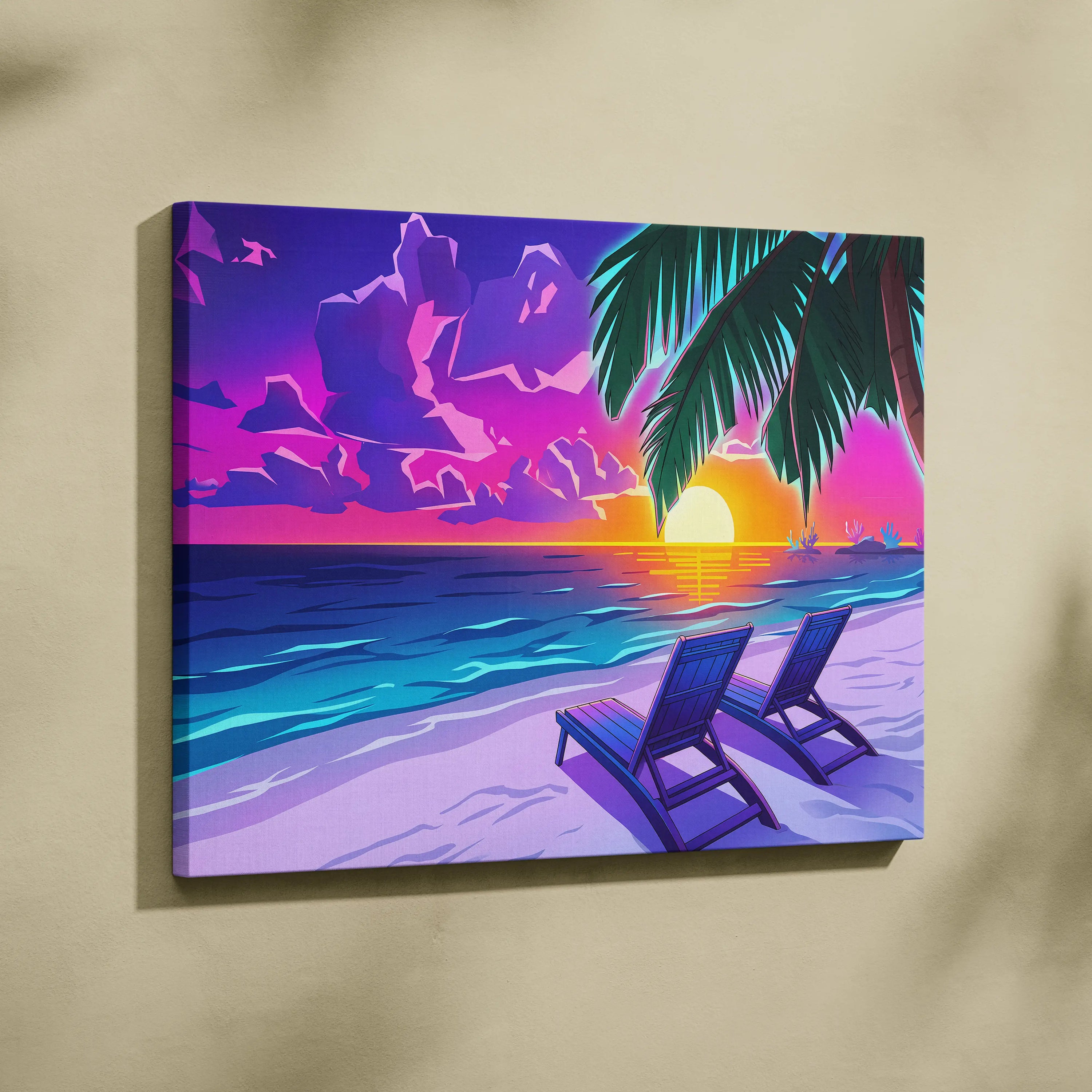 Neon Palm Vaporwave Canvas - Palm Leaves Neon Sunset Vaporwave Living Room Dreamy Mood, Retro Decor, Neon Wall Art
