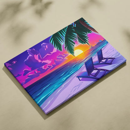 Neon Palm Vaporwave Canvas - Palm Leaves Neon Sunset Vaporwave Living Room Dreamy Mood, Retro Decor, Neon Wall Art