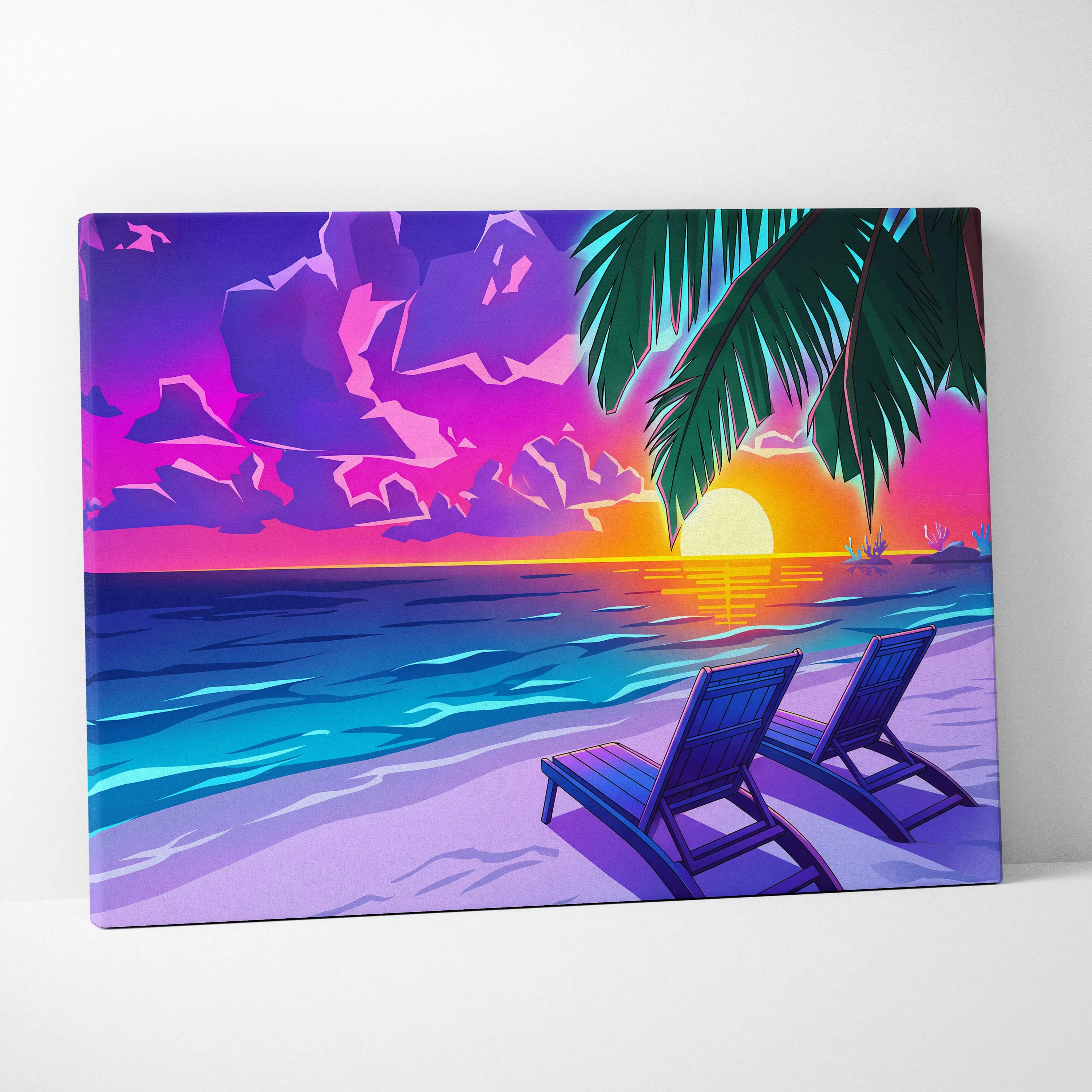 Neon Palm Vaporwave Canvas - Palm Leaves Neon Sunset Vaporwave Living Room Dreamy Mood, Retro Decor, Neon Wall Art