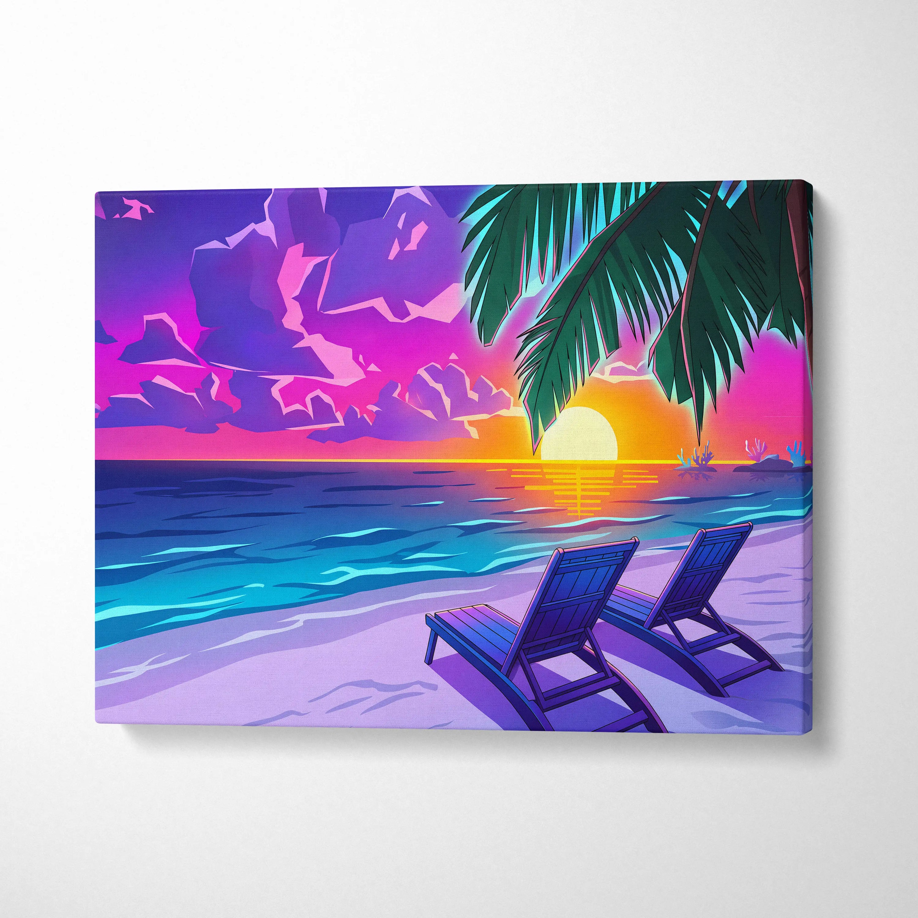 Neon Palm Vaporwave Canvas - Palm Leaves Neon Sunset Vaporwave Living Room Dreamy Mood, Retro Decor, Neon Wall Art