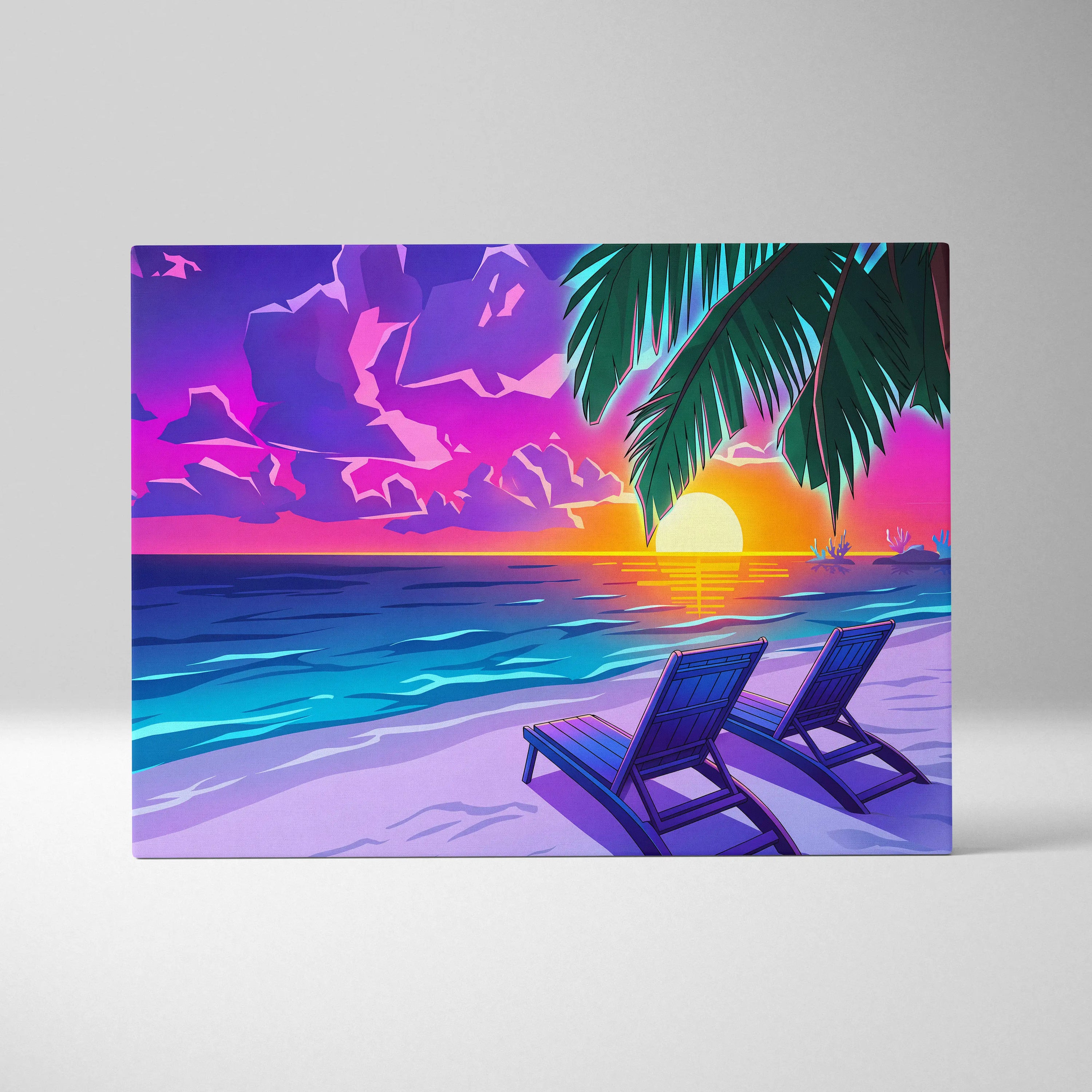 Neon Palm Vaporwave Canvas - Palm Leaves Neon Sunset Vaporwave Living Room Dreamy Mood, Retro Decor, Neon Wall Art