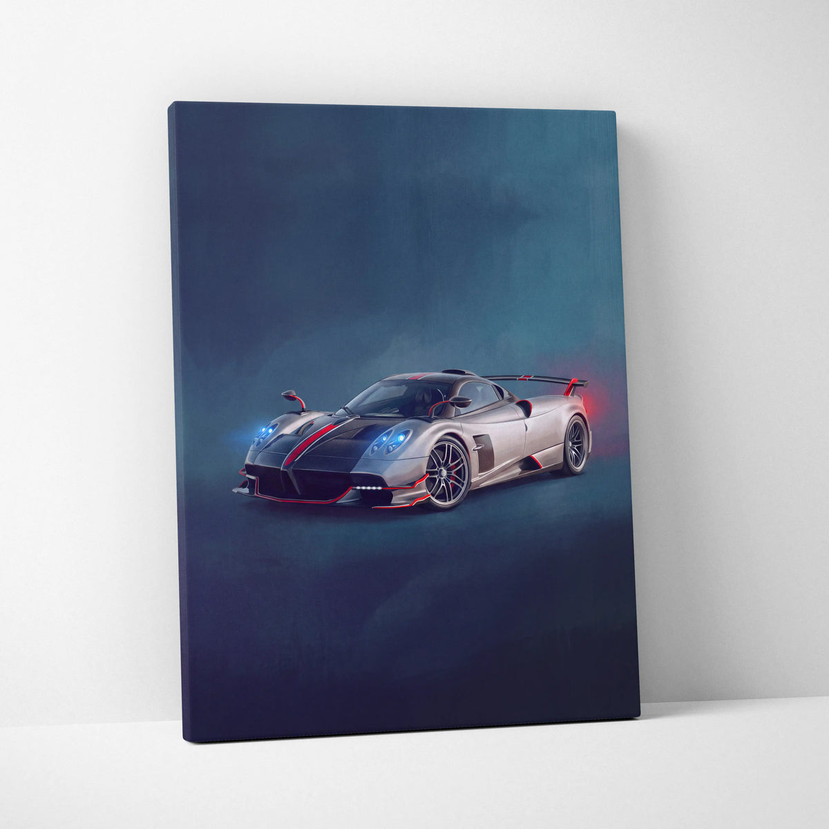Silver and black Pagani Huayra BC sports car canvas print with red accent stripes luxury supercar wall art
