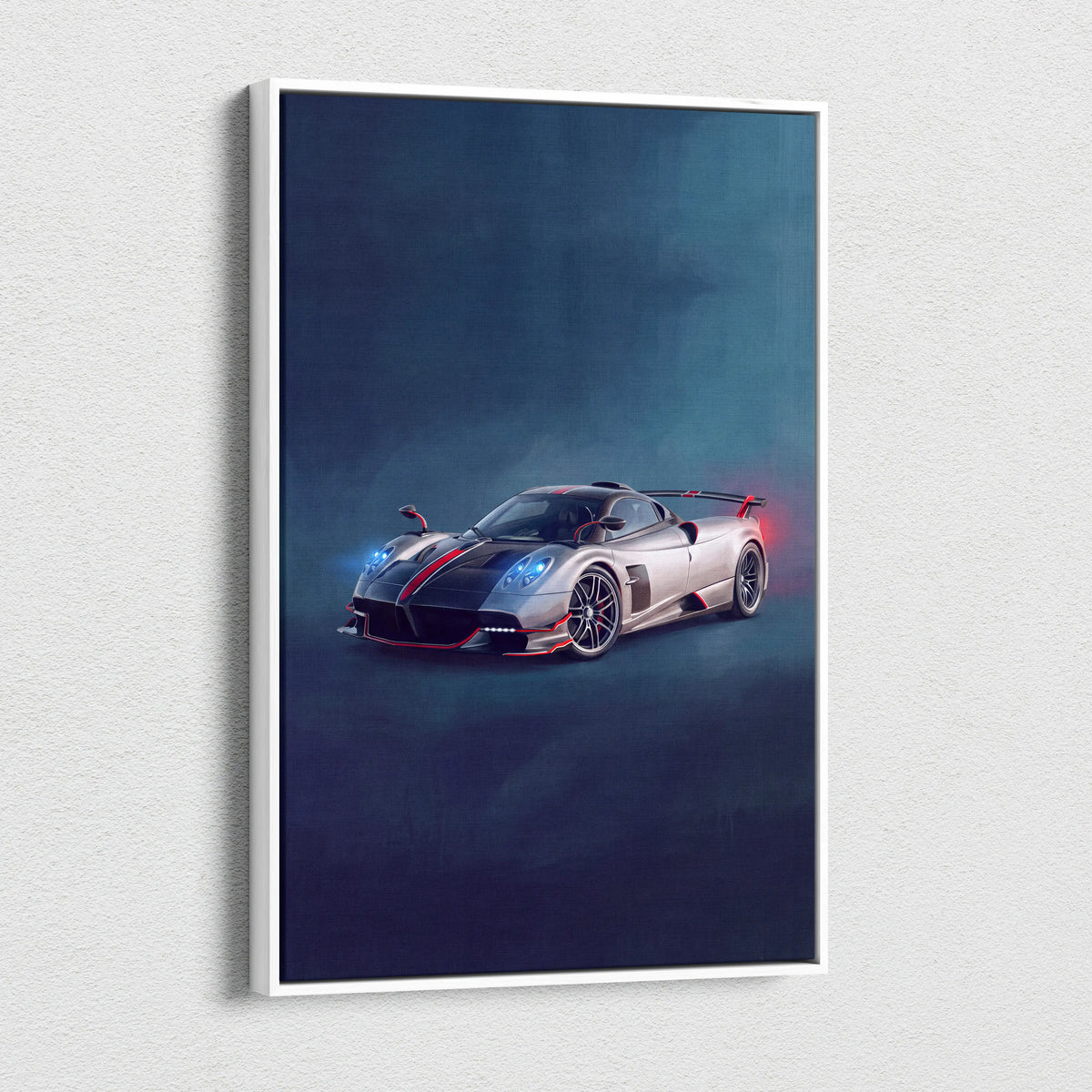 Pagani huayra bc inspired automotive wall art featuring a silver and black sports car with red accents and blue headlights
