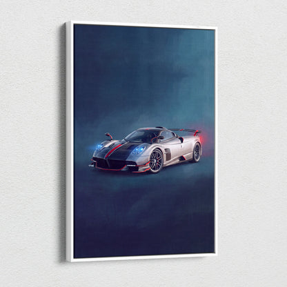 Pagani huayra bc inspired automotive wall art featuring a silver and black sports car with red accents and blue headlights