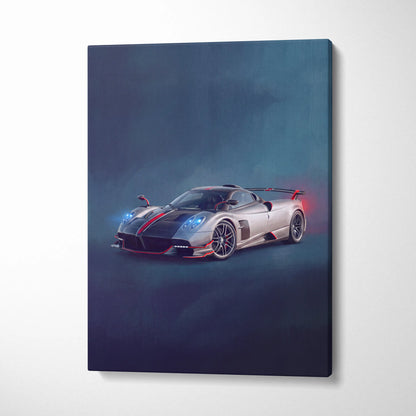 Silver and black pagani huayra bc sports car canvas print with red accent stripes luxury supercar wall art