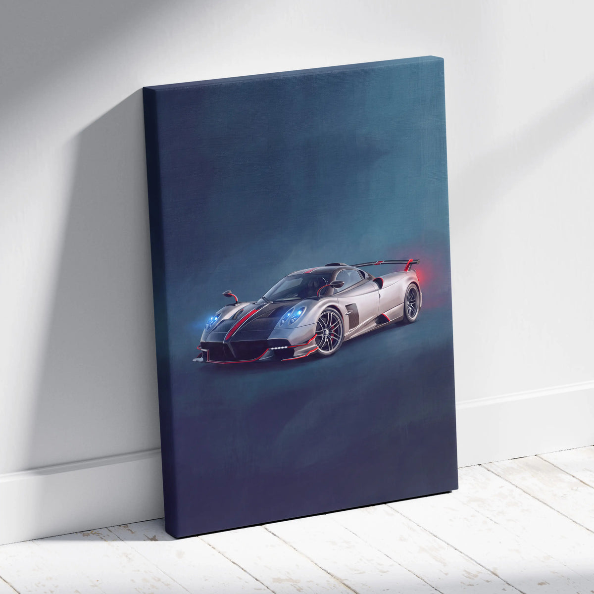 Silver and black pagani huayra bc sports car canvas print with red accent stripes luxury automotive wall art