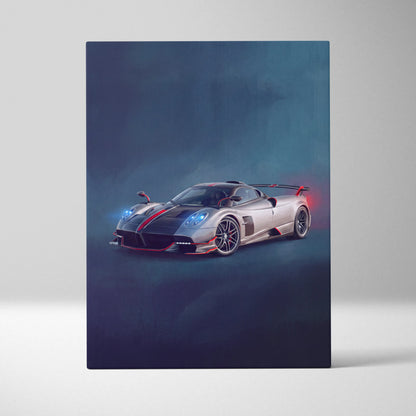 Pagani Huayra BC inspired automotive wall art featuring a silver and black sports car with red stripes and blue headlights