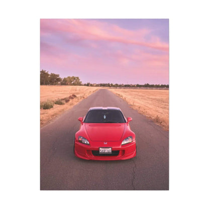 Red Honda S2000 on rural road at sunset, vertical canvas wall art with pink sky background.