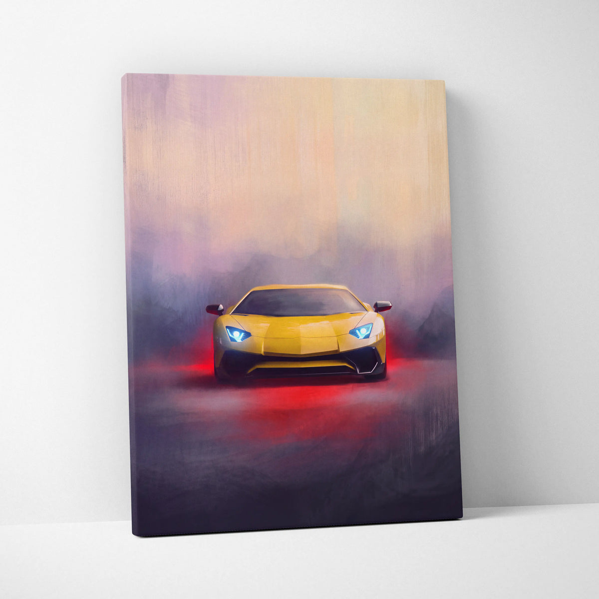 Vibrant yellow Lamborghini Aventador inspired supercar canvas art print with glowing blue headlights and red underglow