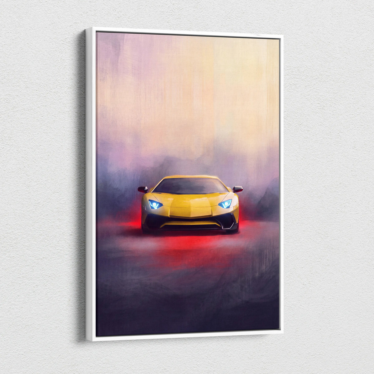 Yellow lamborghini aventador sports car canvas art print in white frame custom supercar wall decor