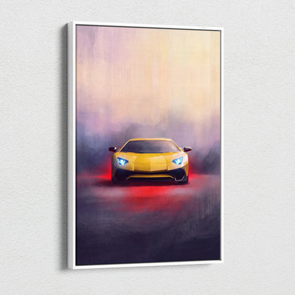 Yellow lamborghini aventador sports car canvas art print in white frame custom supercar wall decor
