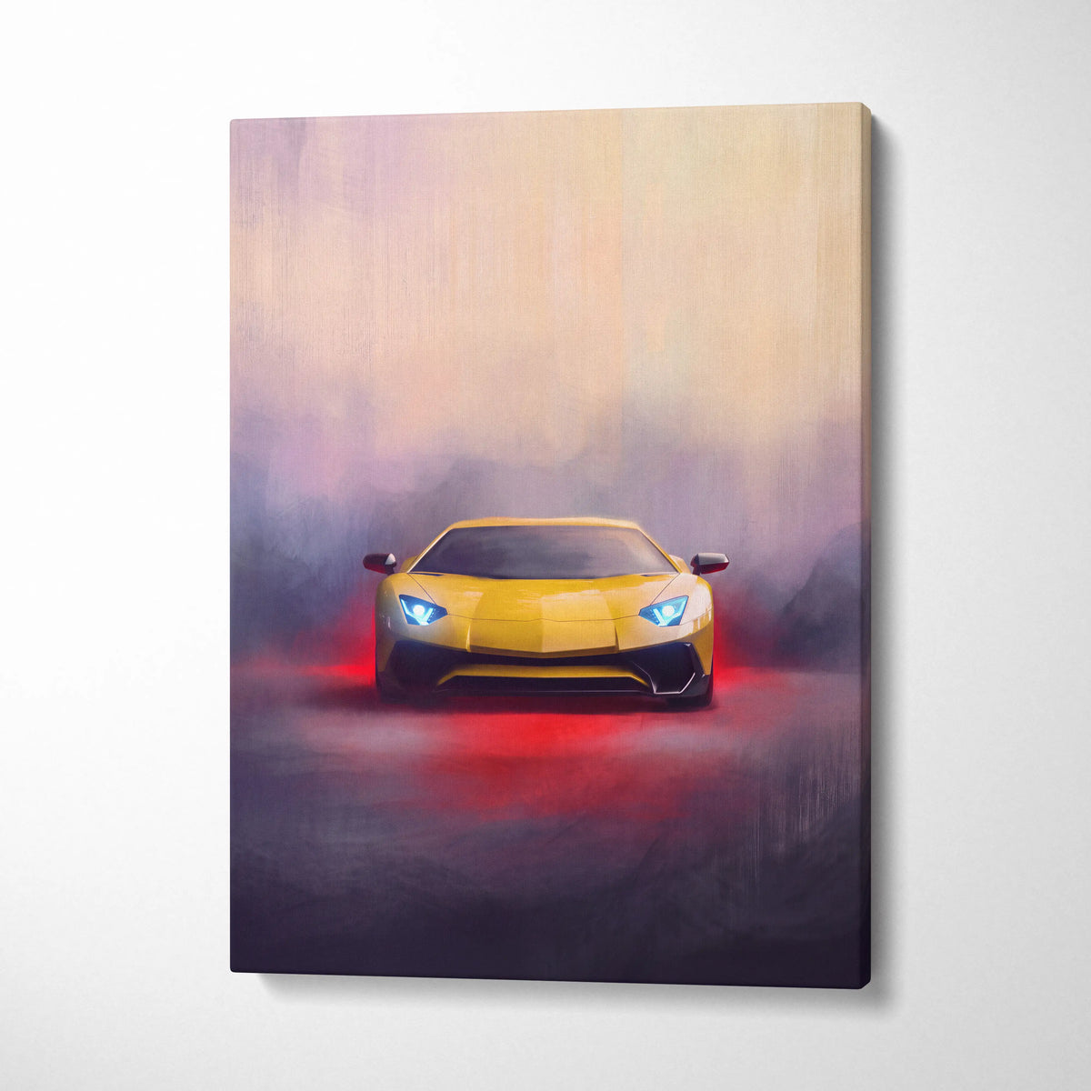 Vibrant yellow lamborghini aventador inspired supercar canvas art print with glowing blue headlights and red underglow