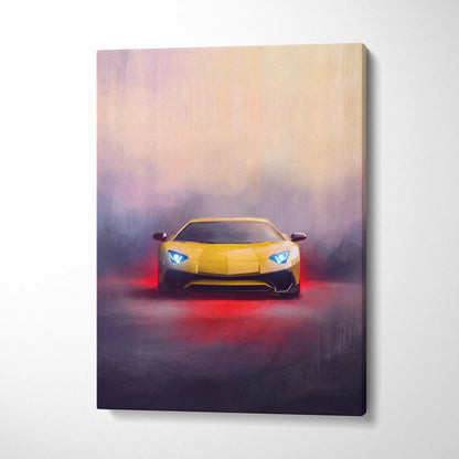 Vibrant yellow lamborghini aventador inspired supercar canvas art print with glowing blue headlights and red underglow