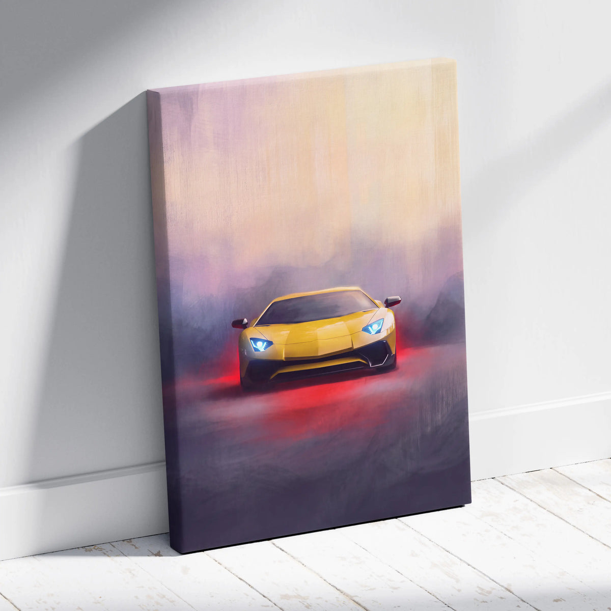 Yellow Lamborghini Aventador inspired supercar canvas art with glowing blue headlights and red underglow on misty background