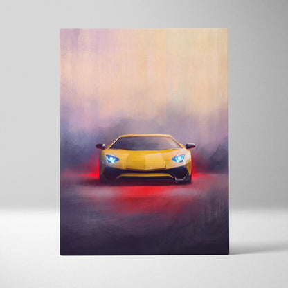 Lamborghini aventador inspired supercar canvas art featuring vibrant yellow sports car with glowing blue headlights and red underglow