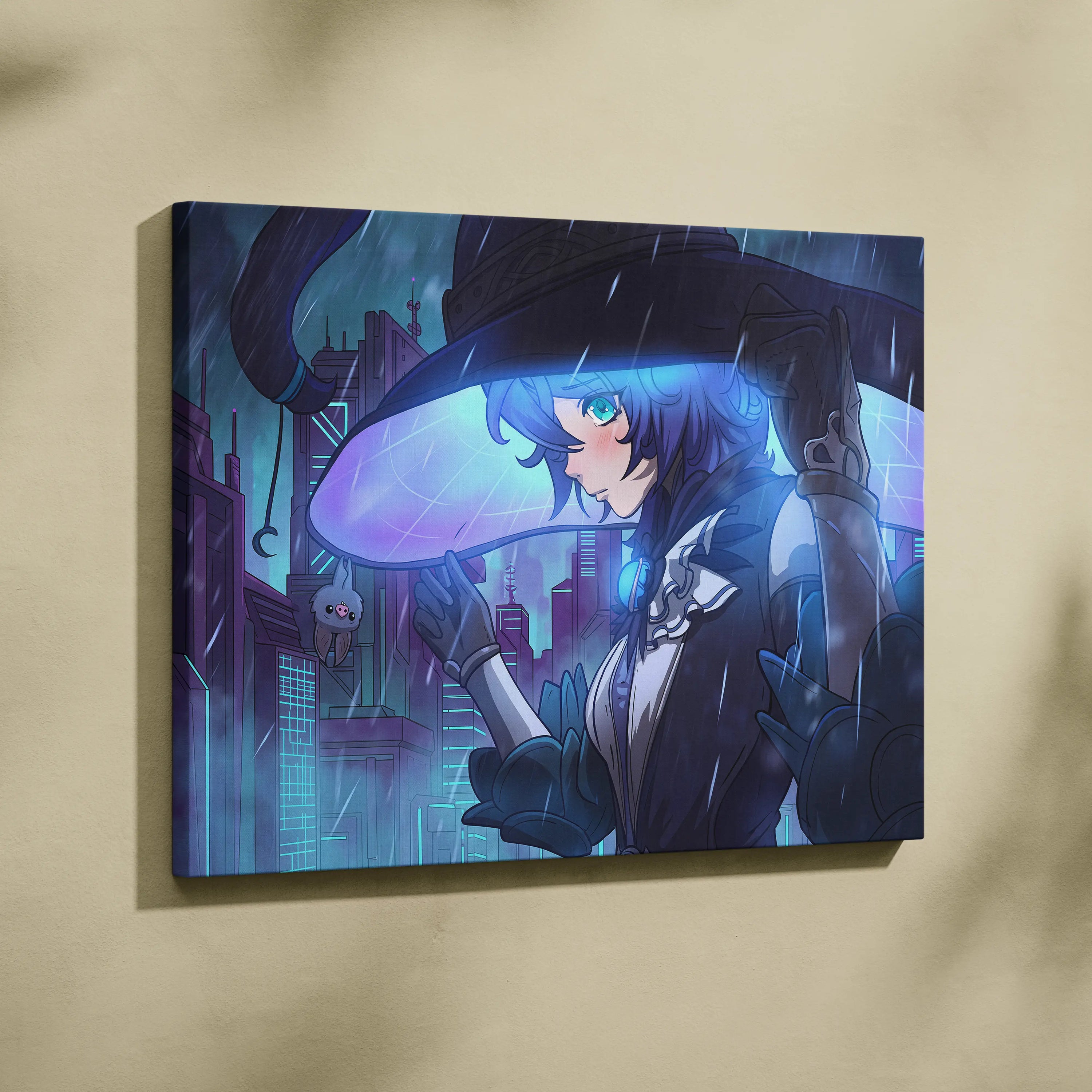 Neon Vaporwave Dream Portrait - Girl Neon Blues Purple, Bedroom Decor, Vaporwave Dream Mood, Retro Futurism Canvas