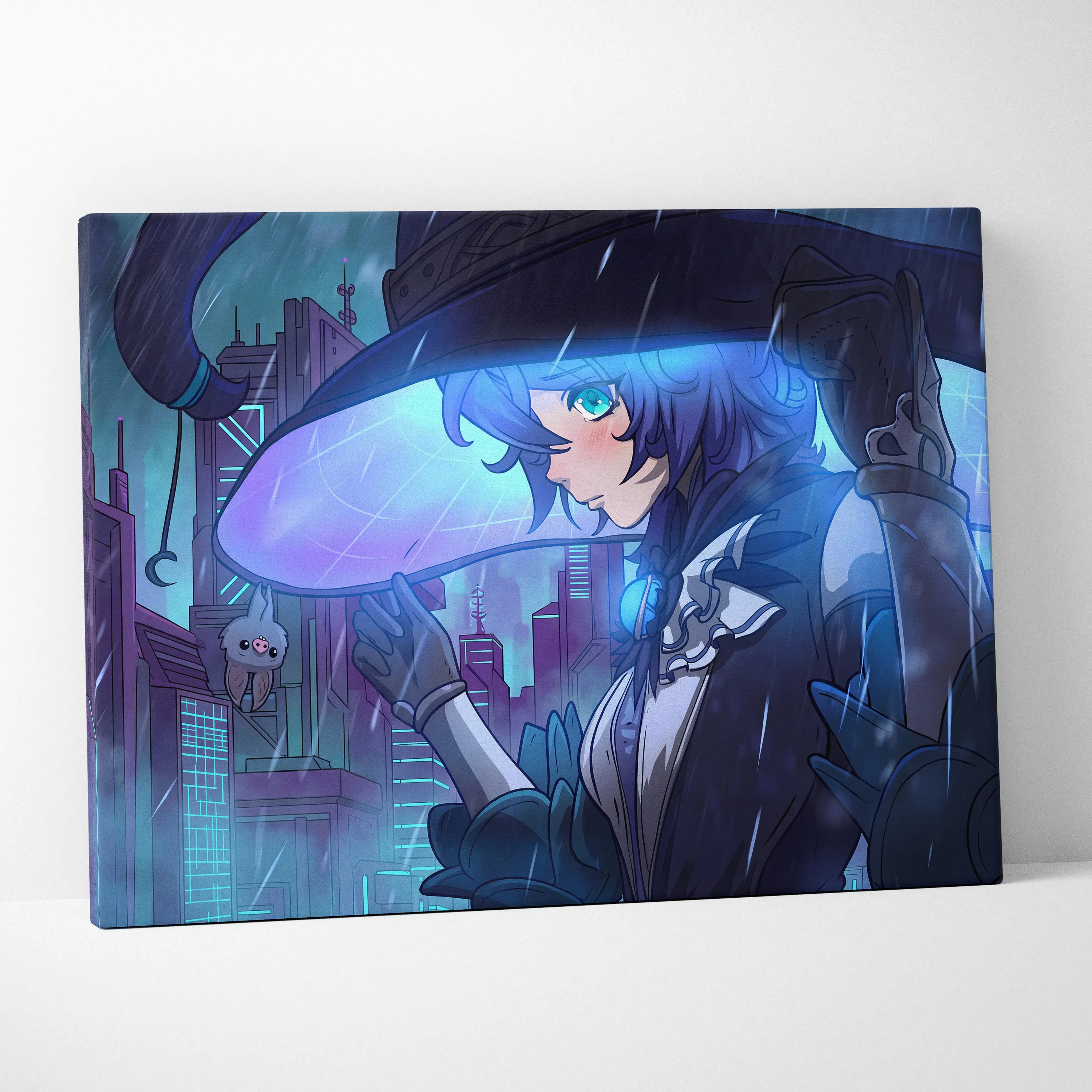 Neon Vaporwave Dream Portrait - Girl Neon Blues Purple, Bedroom Decor, Vaporwave Dream Mood, Retro Futurism Canvas