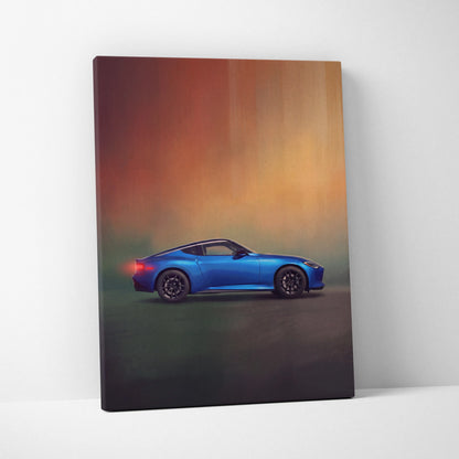 Vibrant blue nissan z inspired canvas art featuring sleek black rims and a gradient sunset backdrop for sports car decor