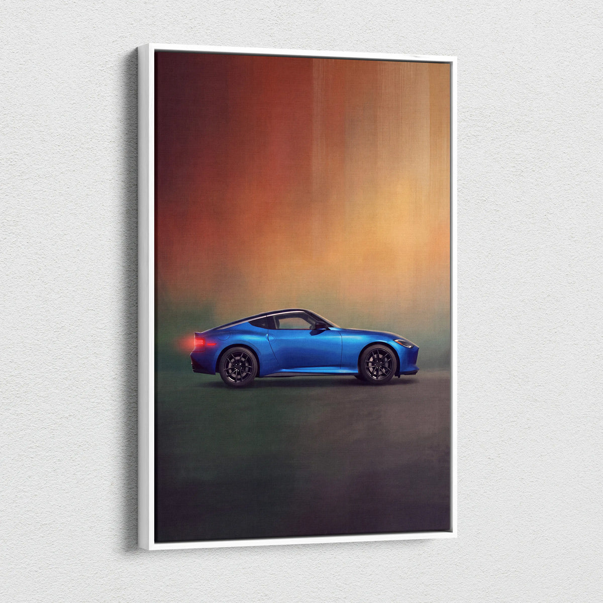 Blue Nissan Z sports car depicted on a framed canvas print for modern Japanese sports car wall decor and display