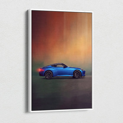 Blue Nissan Z sports car depicted on a framed canvas print for modern Japanese sports car wall decor and display