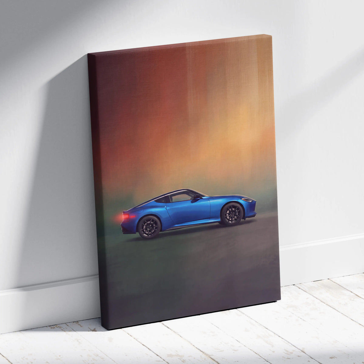 Nissan Z inspired canvas art featuring a blue sports car with black rims and glowing red taillights on gradient background