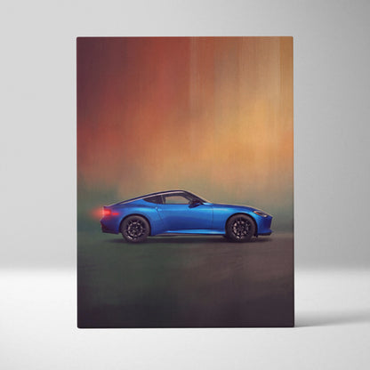 Nissan z inspired canvas art featuring a vibrant blue sports car in dynamic side profile against sunset backdrop