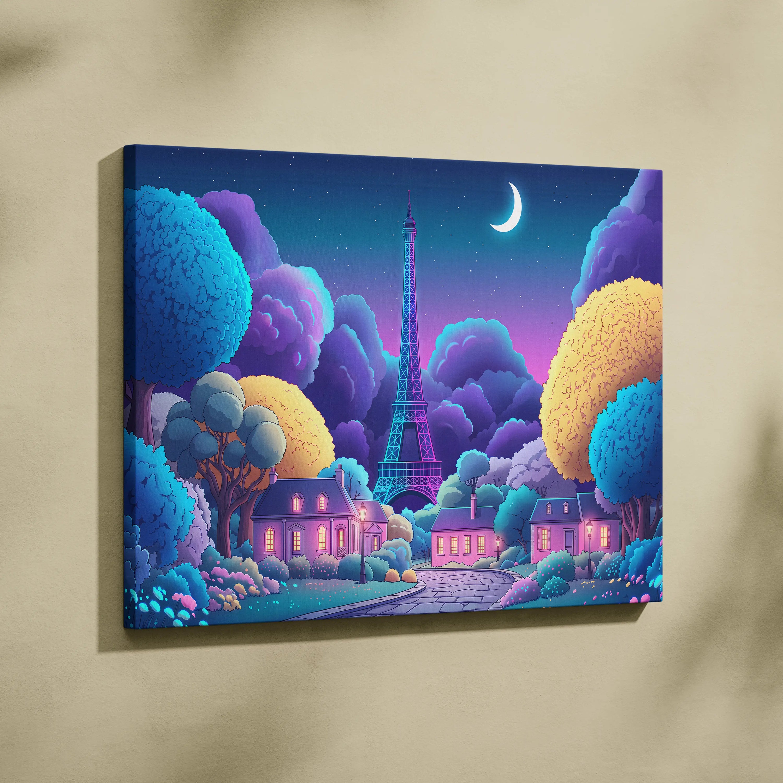 Neon Vaporwave Paris Canvas - Vaporwave Cityscape Neon Blues Pink Living Room Retro Futurism Dreamy Mood Canvas Print