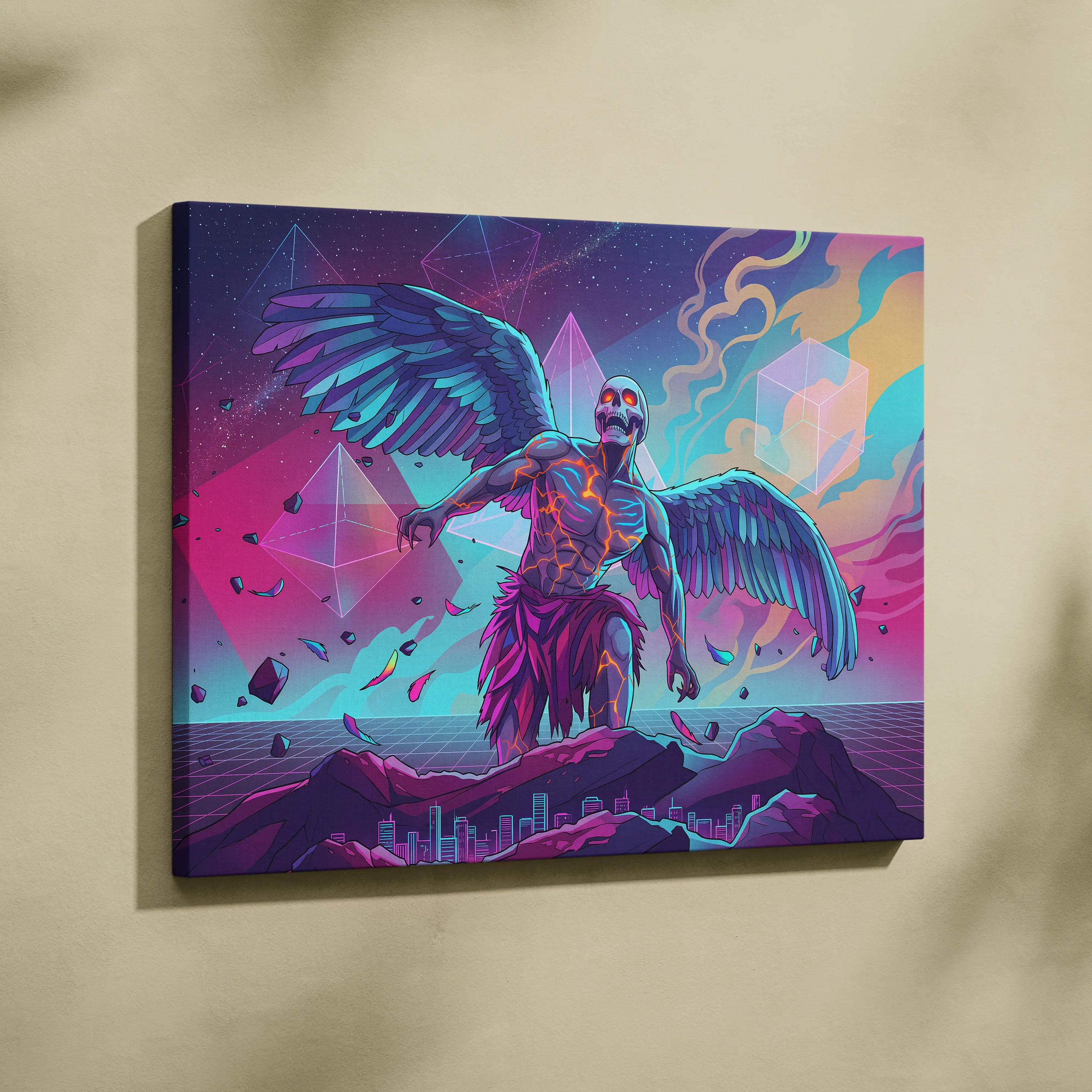 Vaporwave Neon Mirage Canvas - Winged Skeleton Neon Colors For Living Room Vaporwave Moody Surreal Canvas
