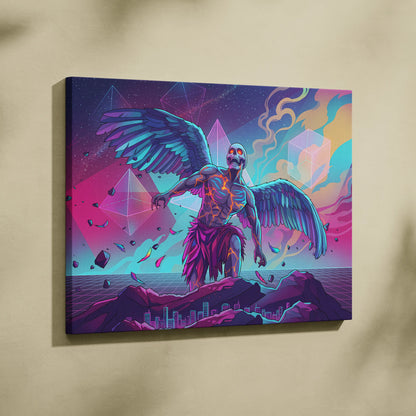 Vaporwave Neon Mirage Canvas - Winged Skeleton Neon Colors For Living Room Vaporwave Moody Surreal Canvas