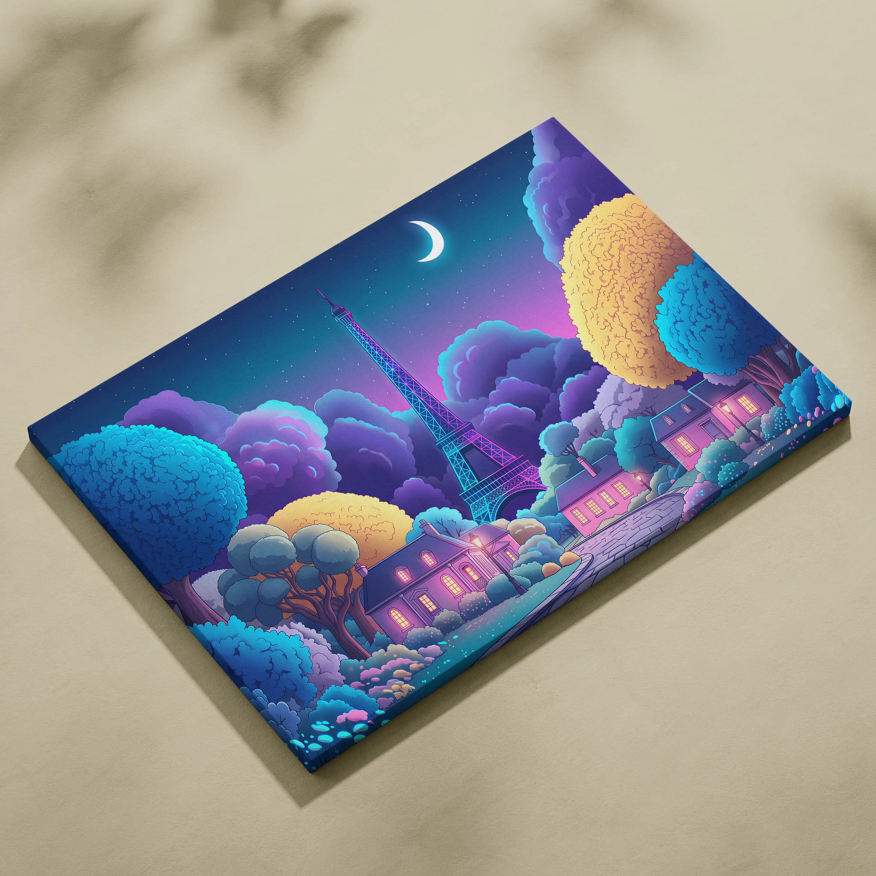 Neon Vaporwave Paris Canvas - Vaporwave Cityscape Neon Blues Pink Living Room Retro Futurism Dreamy Mood Canvas Print