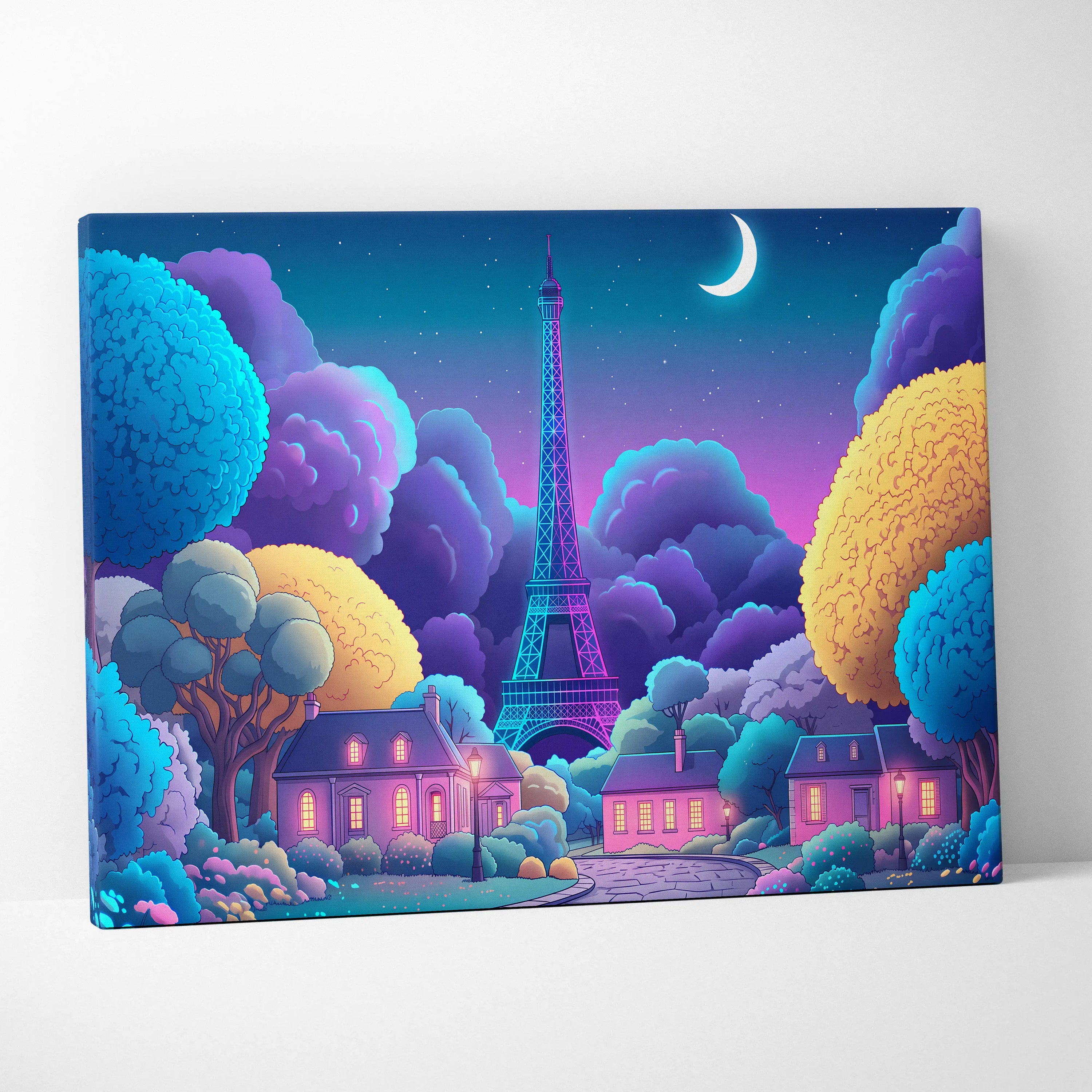 Neon Vaporwave Paris Canvas - Vaporwave Cityscape Neon Blues Pink Living Room Retro Futurism Dreamy Mood Canvas Print