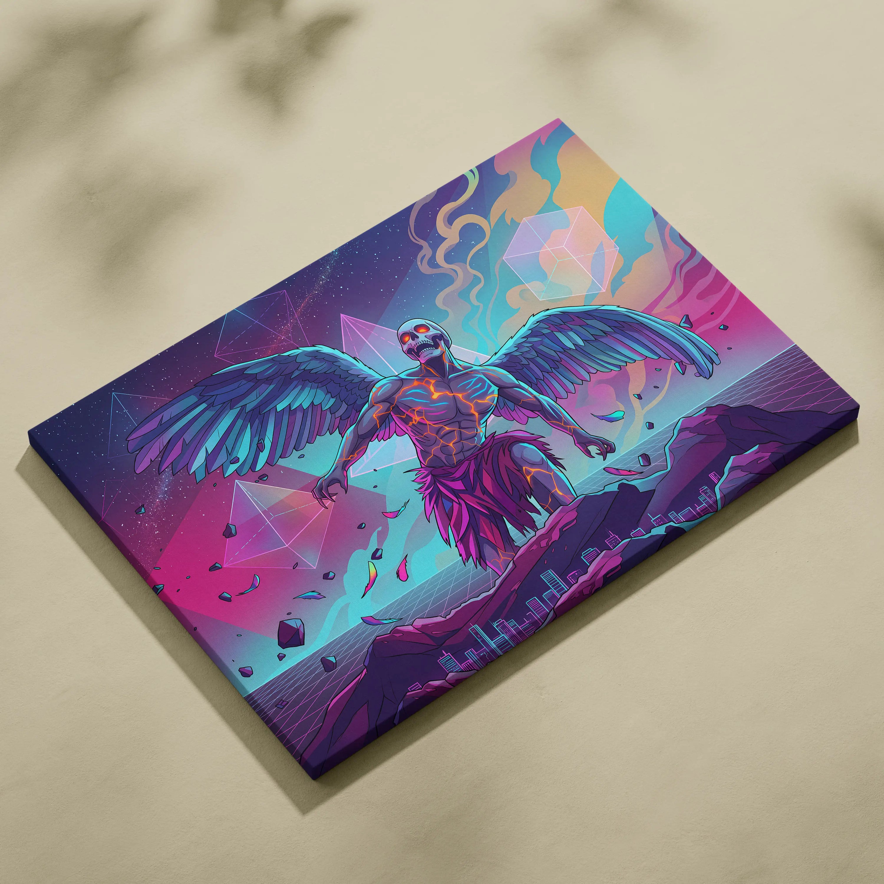 Vaporwave Neon Mirage Canvas - Winged Skeleton Neon Colors For Living Room Vaporwave Moody Surreal Canvas