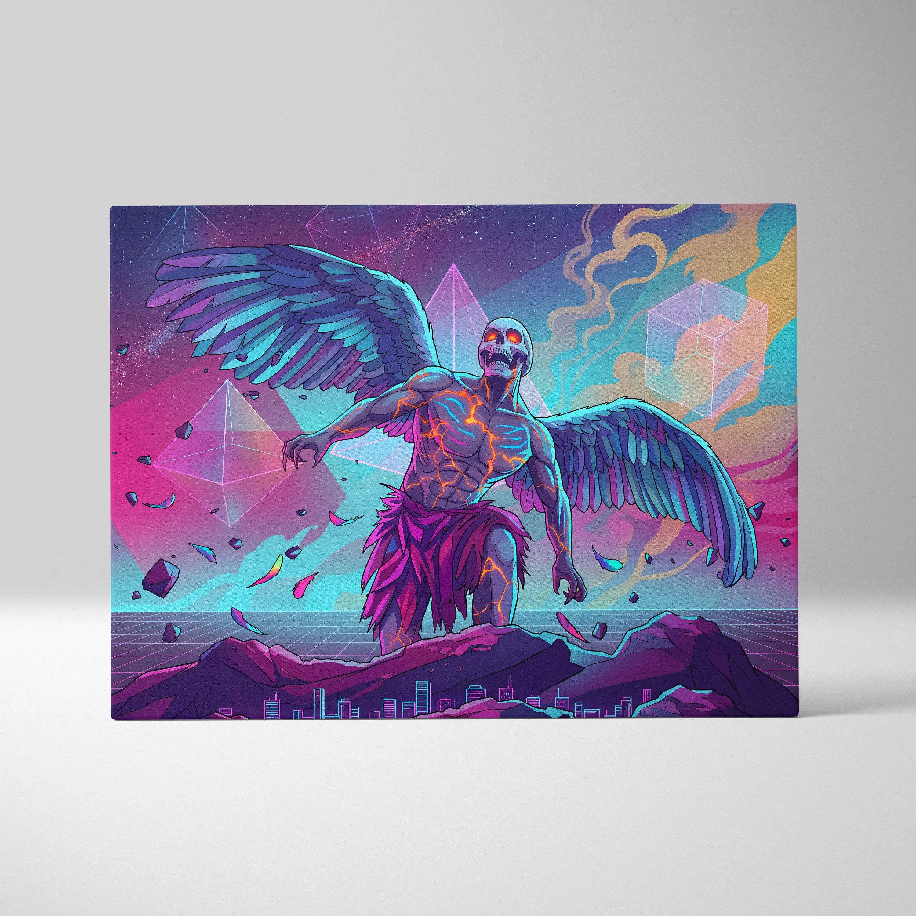 Vaporwave Neon Mirage Canvas - Winged Skeleton Neon Colors For Living Room Vaporwave Moody Surreal Canvas