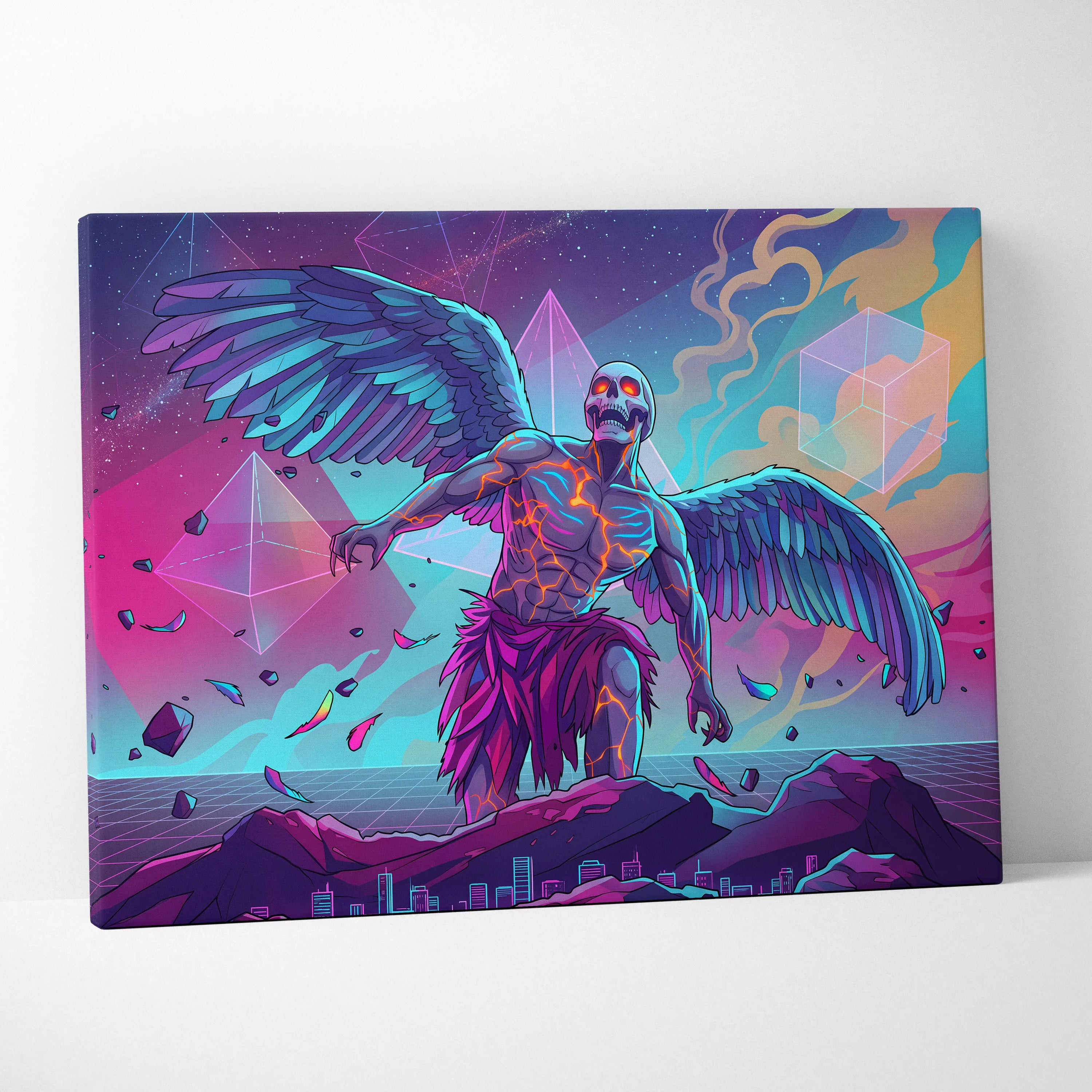 Vaporwave Neon Mirage Canvas - Winged Skeleton Neon Colors For Living Room Vaporwave Moody Surreal Canvas