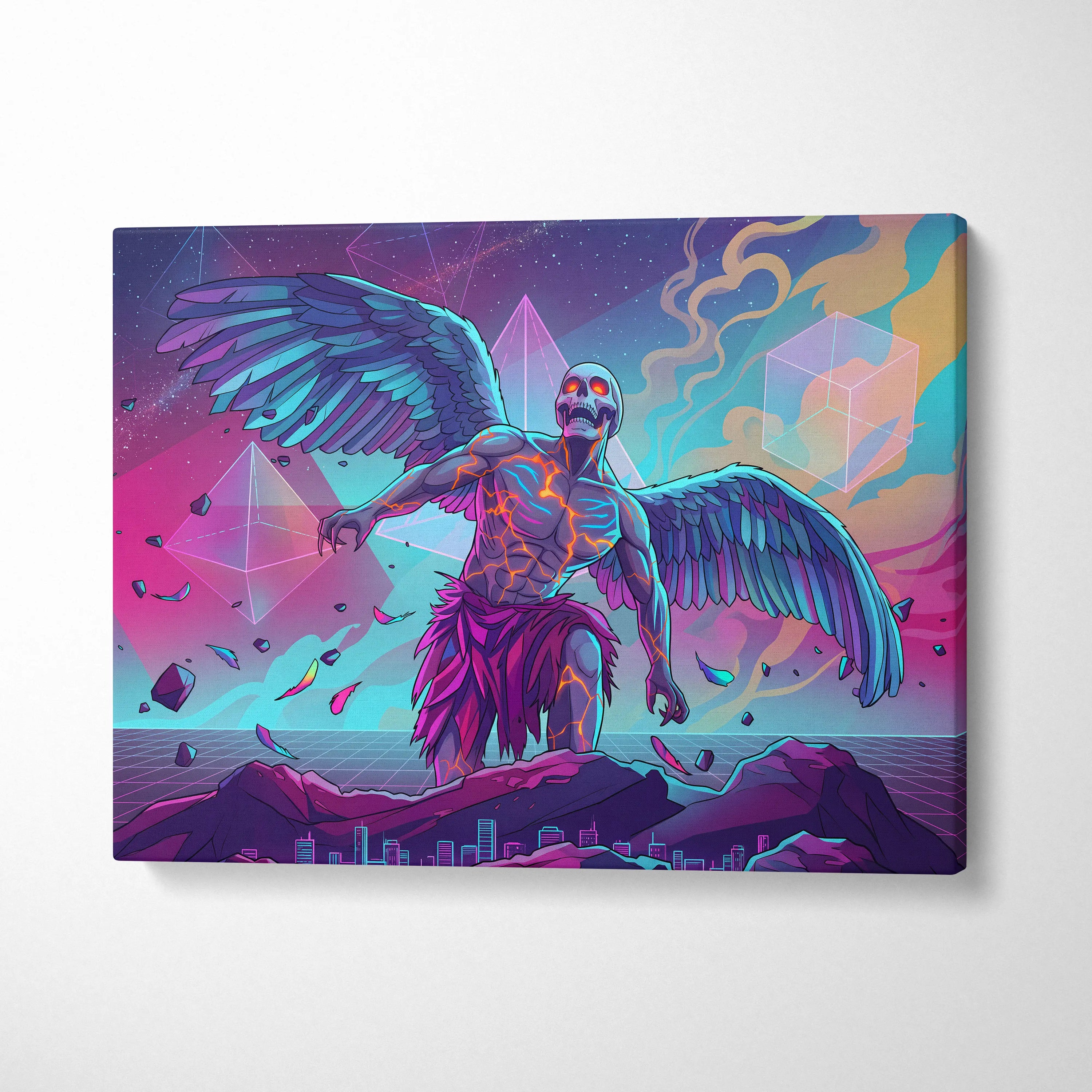 Vaporwave Neon Mirage Canvas - Winged Skeleton Neon Colors For Living Room Vaporwave Moody Surreal Canvas