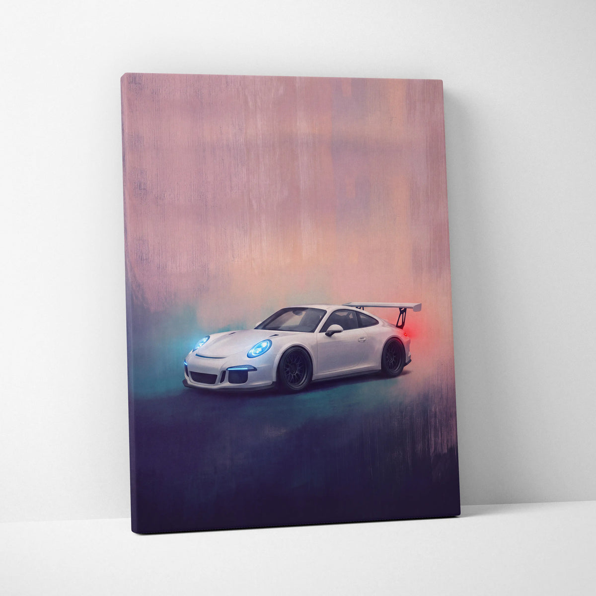 White porsche 911 gt3 with blue headlights and rear wing on canvas luxury supercar wall art print