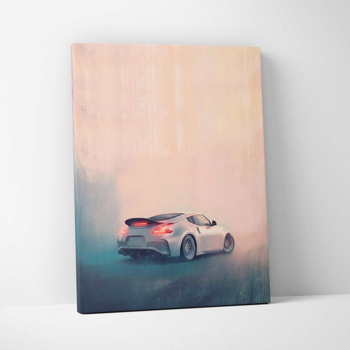 Nissan 370Z inspired silver sports car canvas wall art with glowing red taillights drifting on a dreamy gradient background