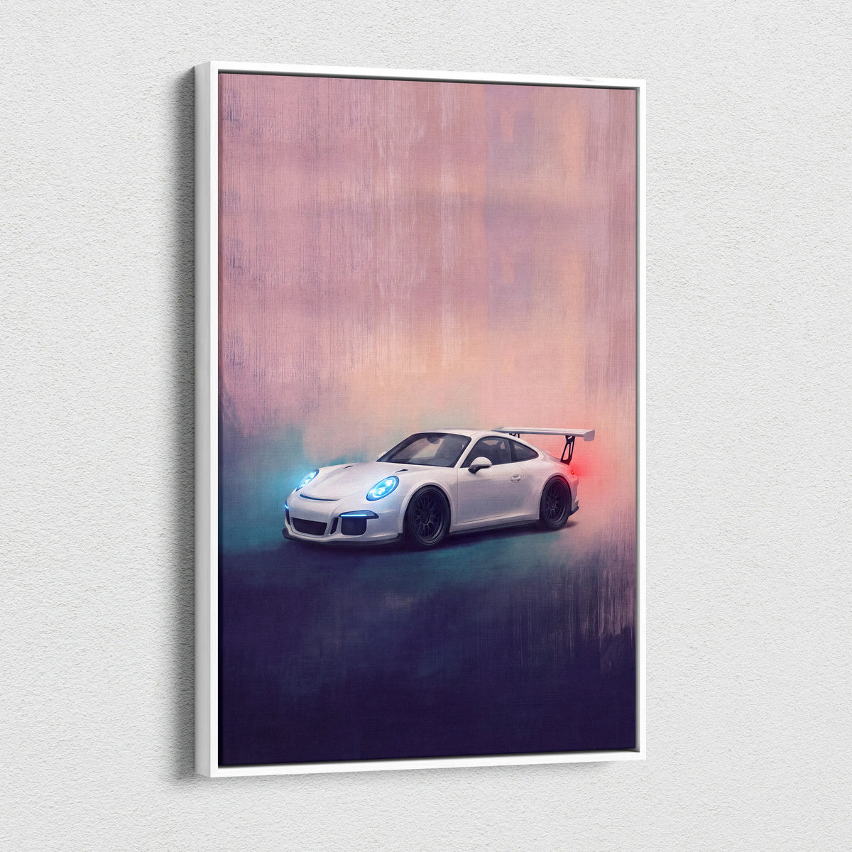 White porsche 911 gt3 sports car with glowing blue headlights and red taillights in framed automotive wall art