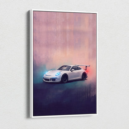 White porsche 911 gt3 sports car with glowing blue headlights and red taillights in framed automotive wall art