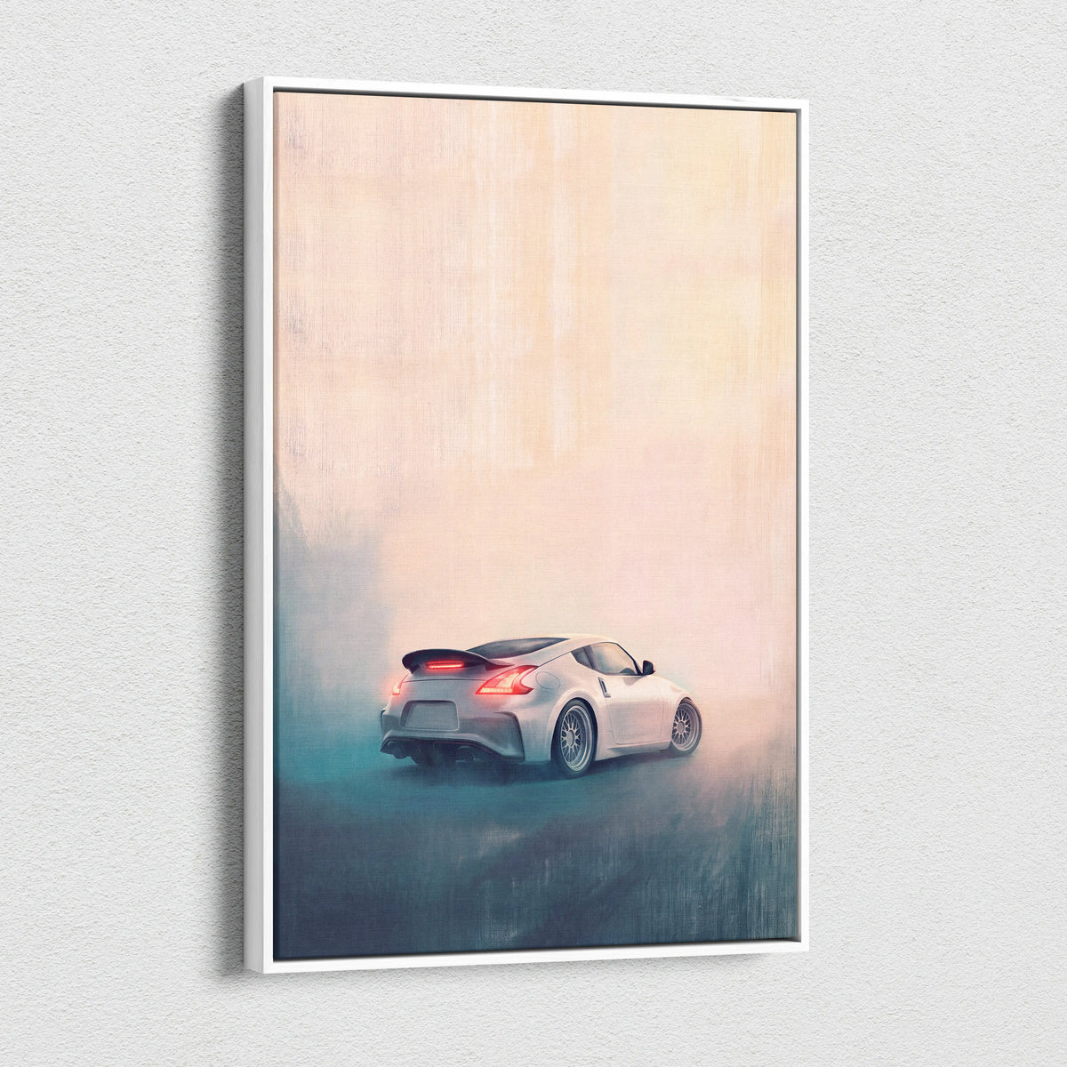 White framed canvas print featuring a silver nissan 370z drifting in misty conditions luxury sports car wall art
