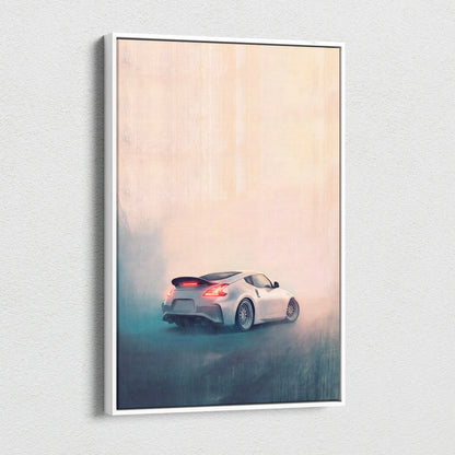White framed canvas print featuring a silver nissan 370z drifting in misty conditions luxury sports car wall art