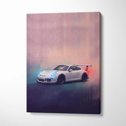 White porsche 911 gt3 race car canvas print with glowing blue headlights and red taillights on pink purple backdrop