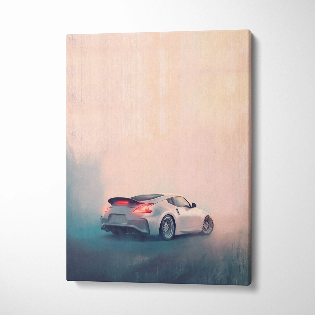Silver nissan 370z sports car canvas painting with glowing red taillights drifting in misty pastel tones wall art