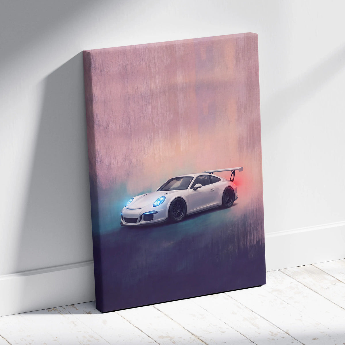 White porsche 911 gt3 inspired sports car canvas print with glowing blue headlights against pink purple background