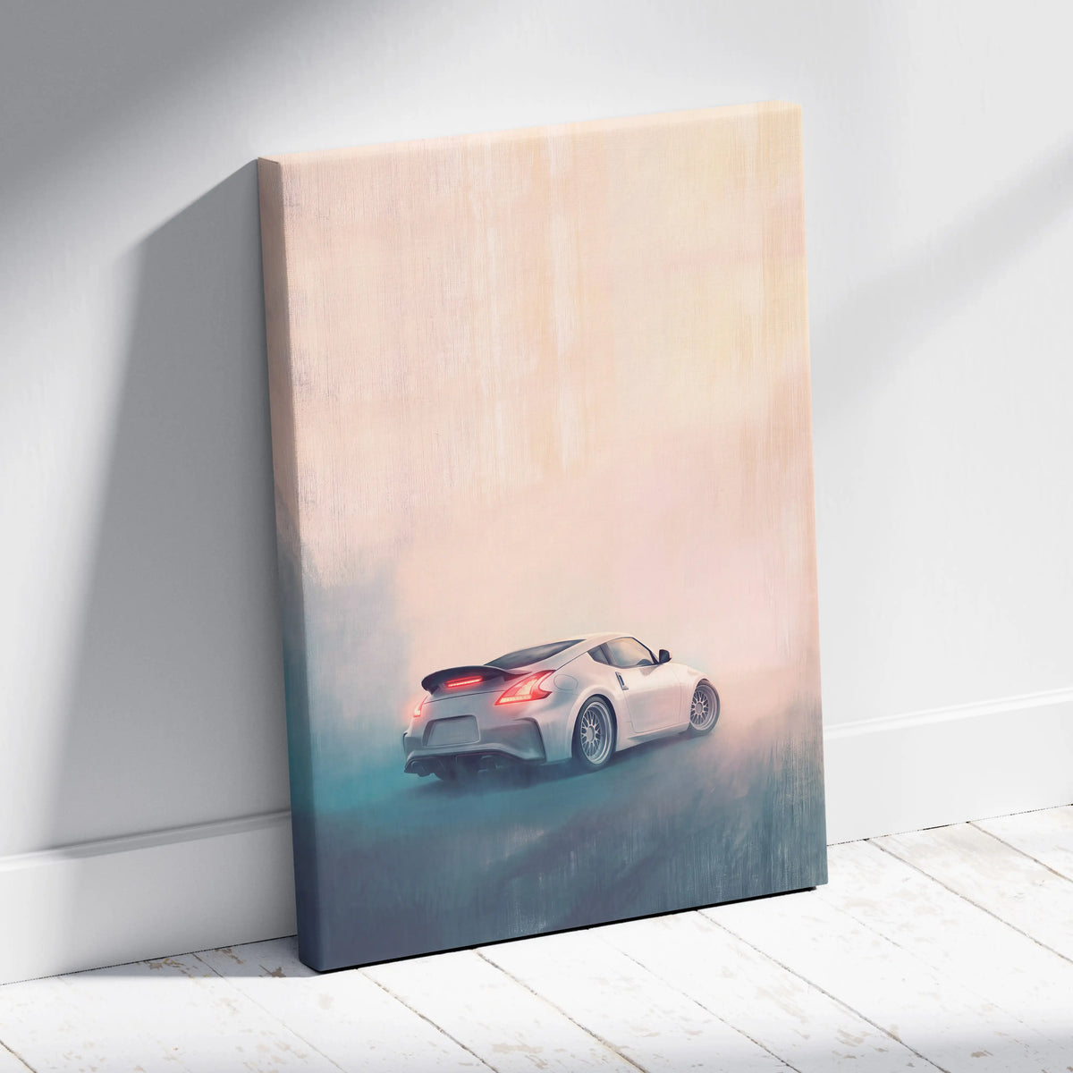 Nissan 370z inspired automotive wall art featuring a sleek silver sports car with glowing red taillights on canvas