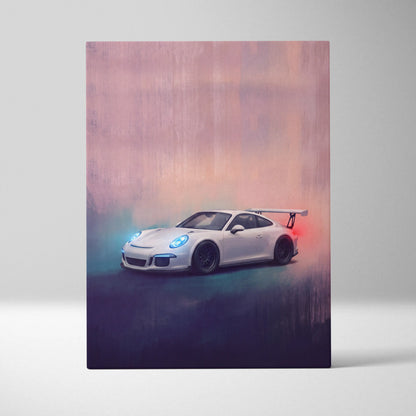 White porsche 911 gt3 rs sports car with glowing blue headlights and red taillights on luxury supercar canvas print