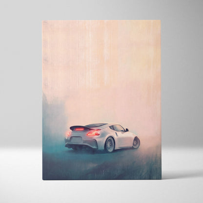 Nissan 370z inspired automotive wall art featuring a sleek silver sports car drifting with glowing red taillights on canvas