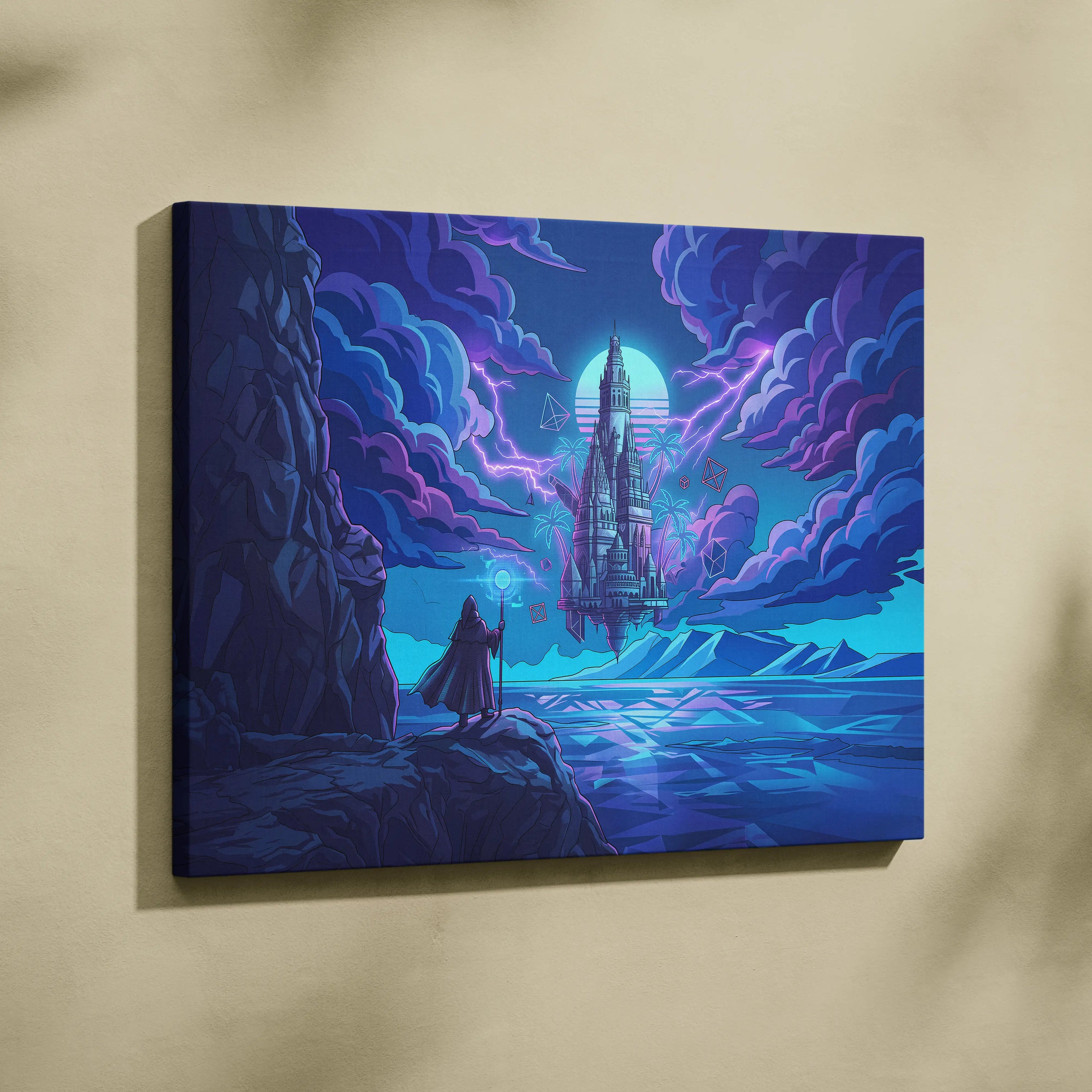 Vaporwave Neon Castle Canvas - Vaporwave Castle Neon Pink Purple Blue Living Room Modern Art Mystical Retro Canvas